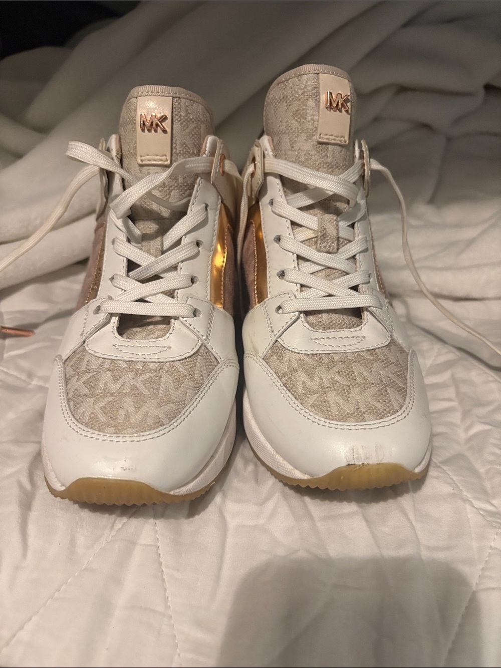Michael Kors Kids Beige and White Logo High-Tops with Gold Accent